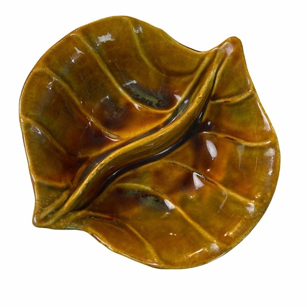 Vintage California Pottery Divided Dish Leaf MCM Mid Century Modern USA CP119